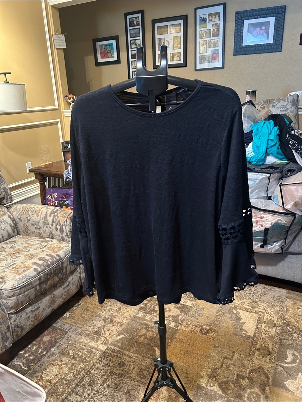 Women's Black Crochet-Sleeve Blouse